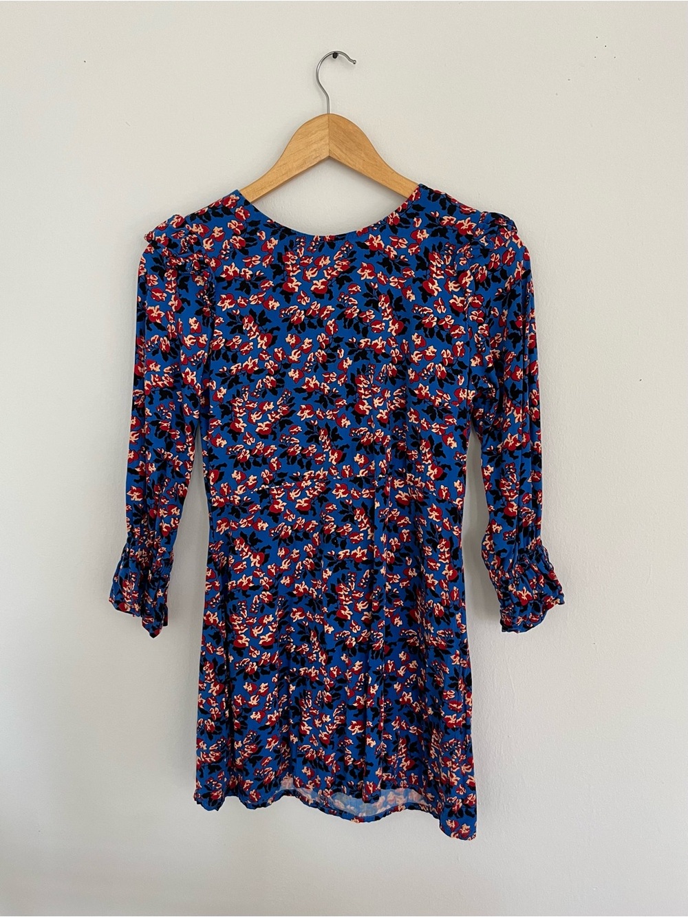 Valija Blue Floral Long-Sleeve Shift Dress with Ruffle Cuffs